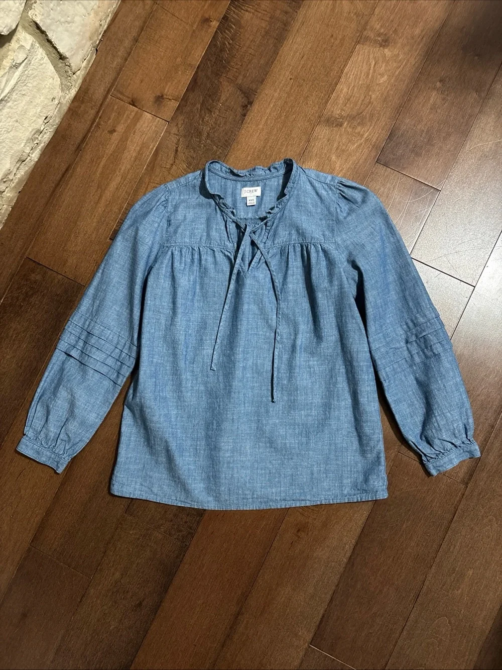J.Crew Popover Chambray Ruffle Neck Peasant Top Womens XXS Long Sleeve Cotton - Picture 12 of 16